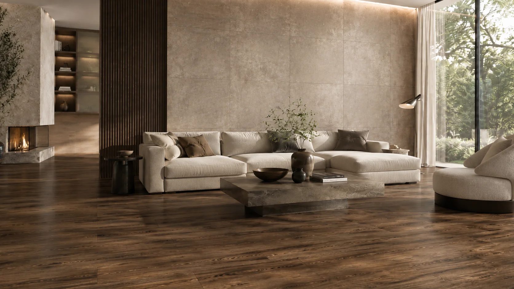 Dark wood effect porcelain floor